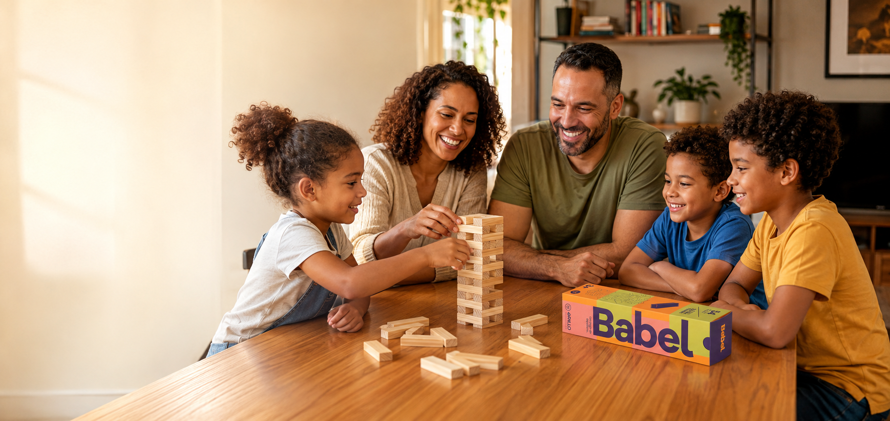Família reunida brincando com o jogo Babel da Grillo
